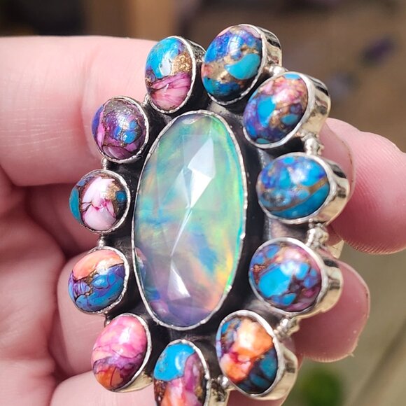 Audra Ring / Sterling Silver GORGEOUS Spiny Oyster Turquoise Opal Daisy Ring - Picture 8 of 13